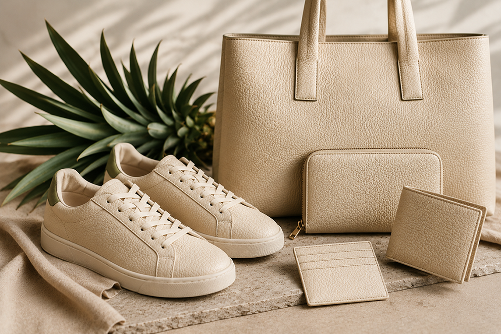 Close-up of sustainable pineapple leather made from pineapple leaf fibres used in vegan fashion accessories.