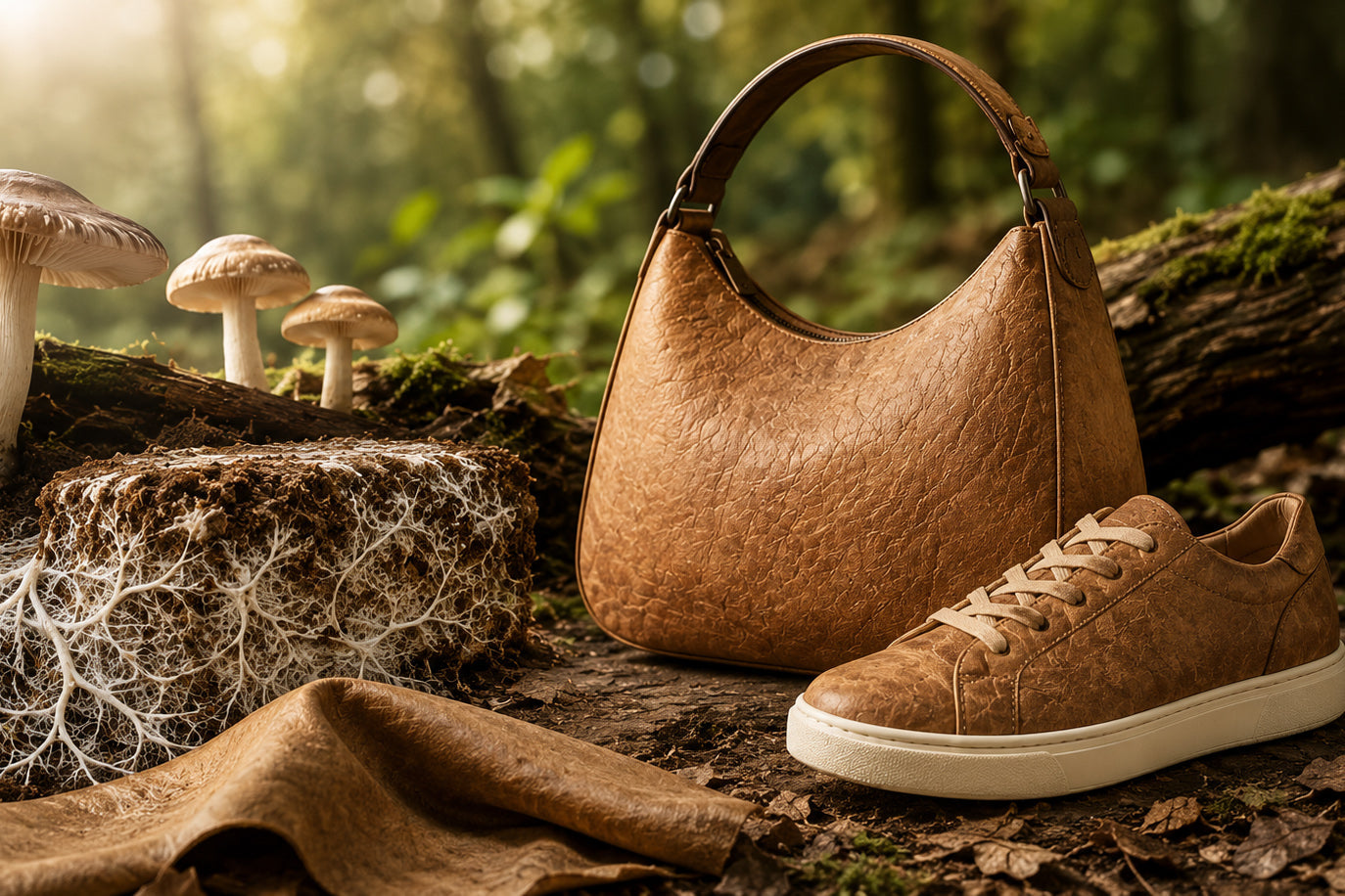 Illustration showing how mushroom leather is made from mycelium and used in sustainable fashion products.