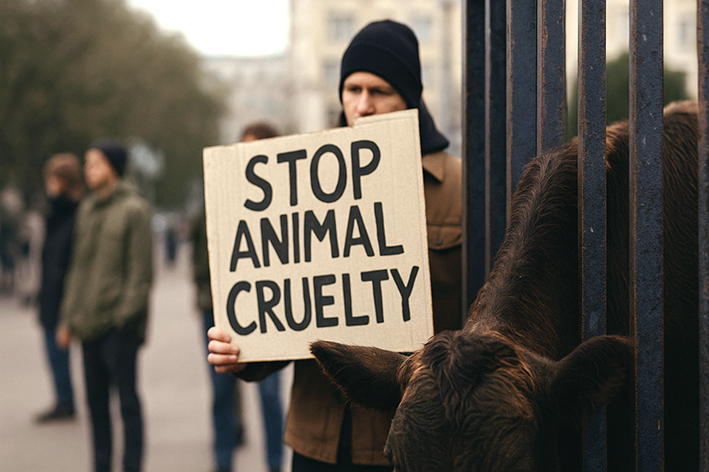 Cow behind slaughterhouse bars and an animal-rights protest against leather