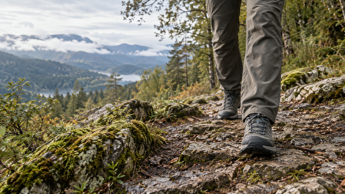 Hiker wearing vegan hiking shoes on a rocky woodland trail
