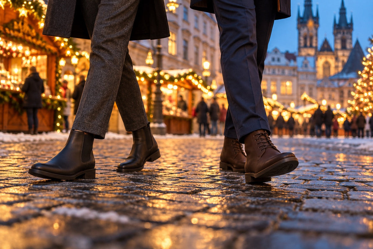 AI illustration of smart Chelsea and lace-up ankle boots worn on a festive city square; not a product photograph