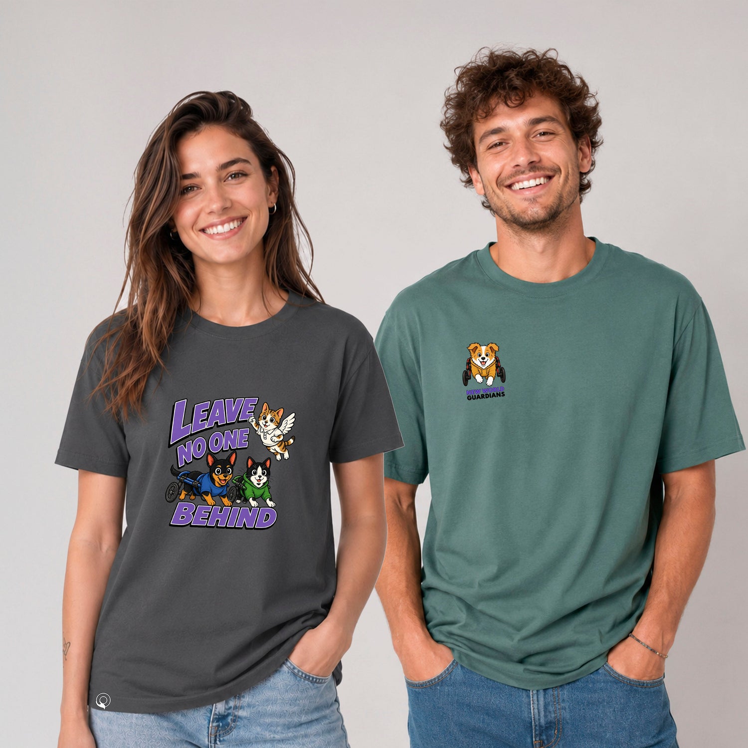 Organic cotton vegan T-shirts supporting disabled rescue animals