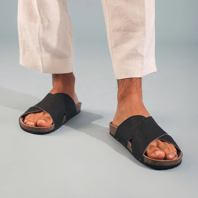 Men’s vegan sandals and slides with cork footbeds and recycled textile uppers