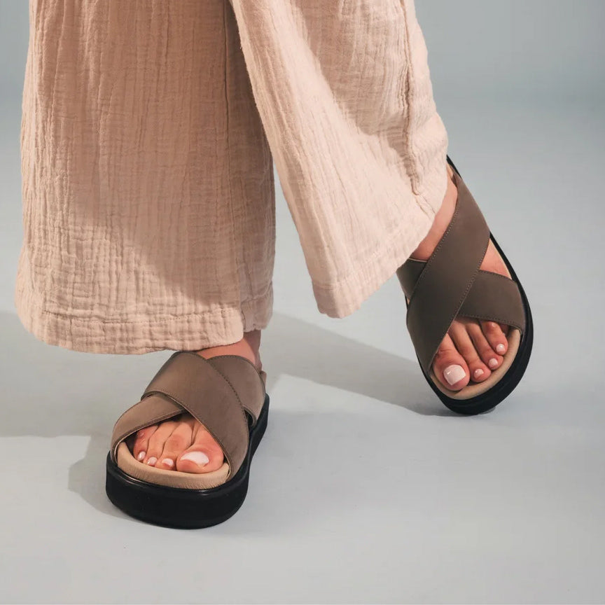 Women’s vegan sandals and slides with cork footbeds and recycled textile uppers