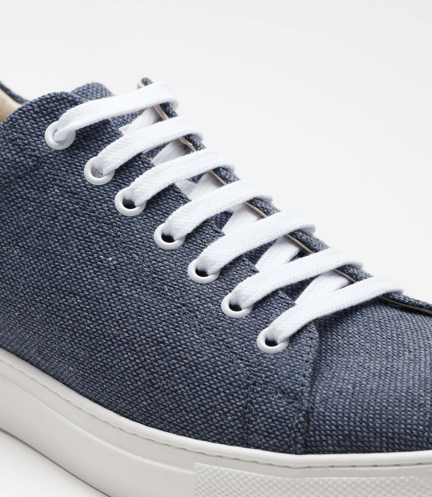 Close-up of the blue hemp fabric on Solari Milano's vegan sneaker