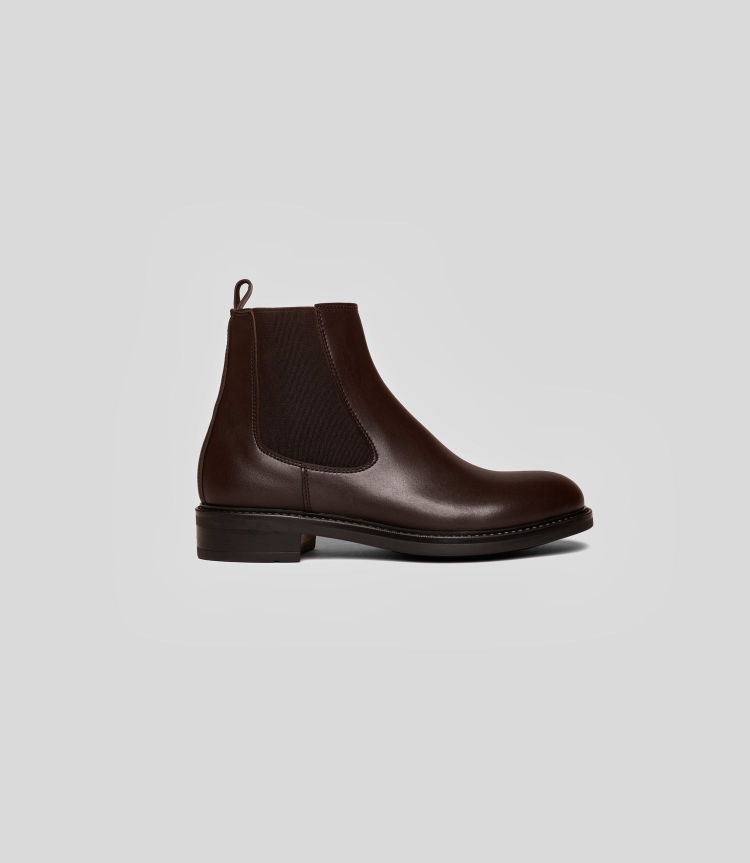 Brown vegan Chelsea boot for women by Solari Milano, side view with elastic panel