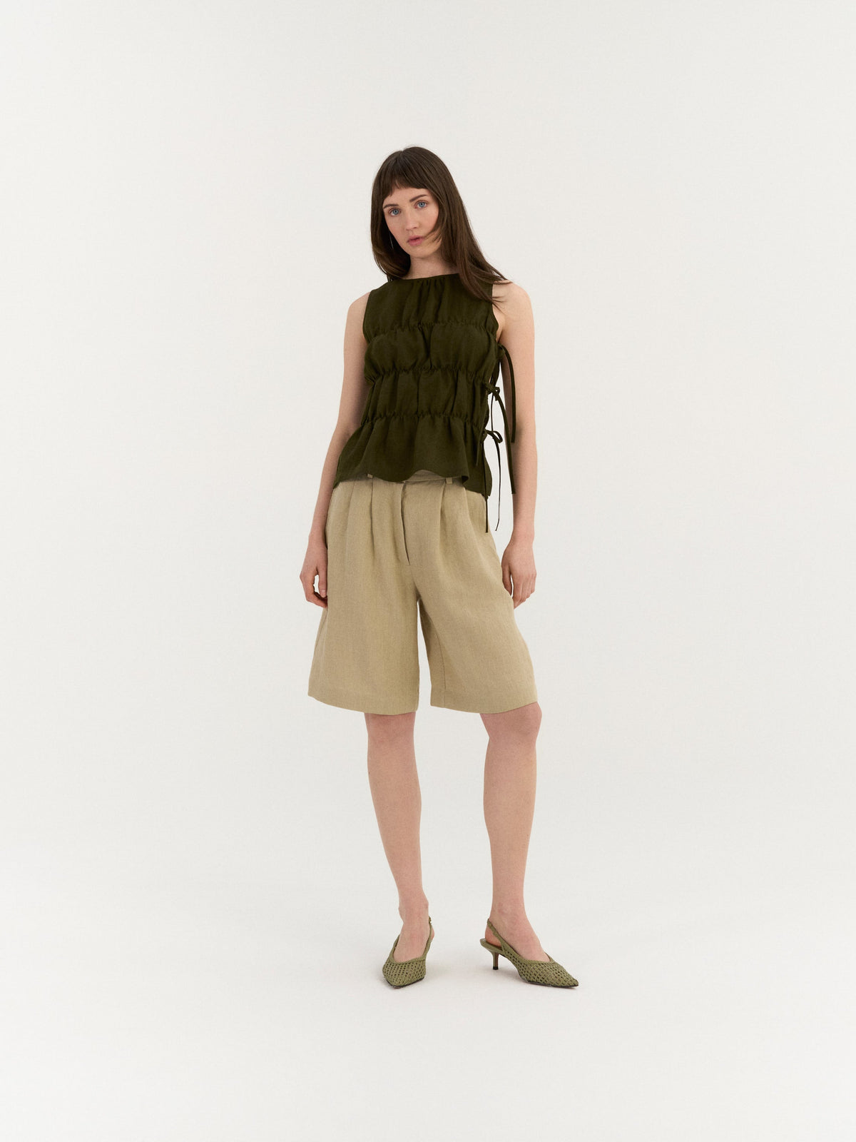 Eloise Gathered Top – Deep Olive by AmourLinen – alternate view