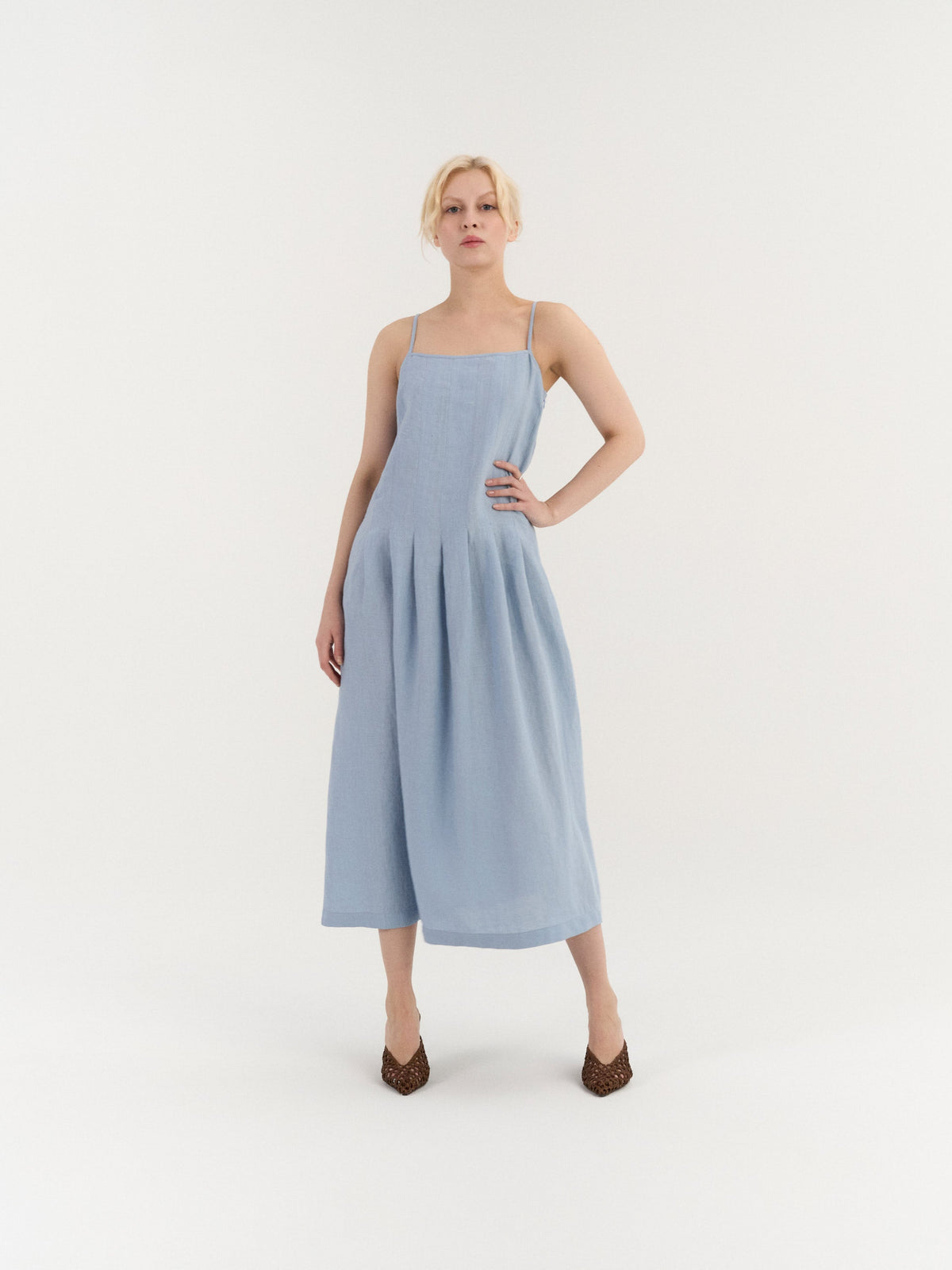 Sarah Pleated Dress – Light Blue by AmourLinen in European linen