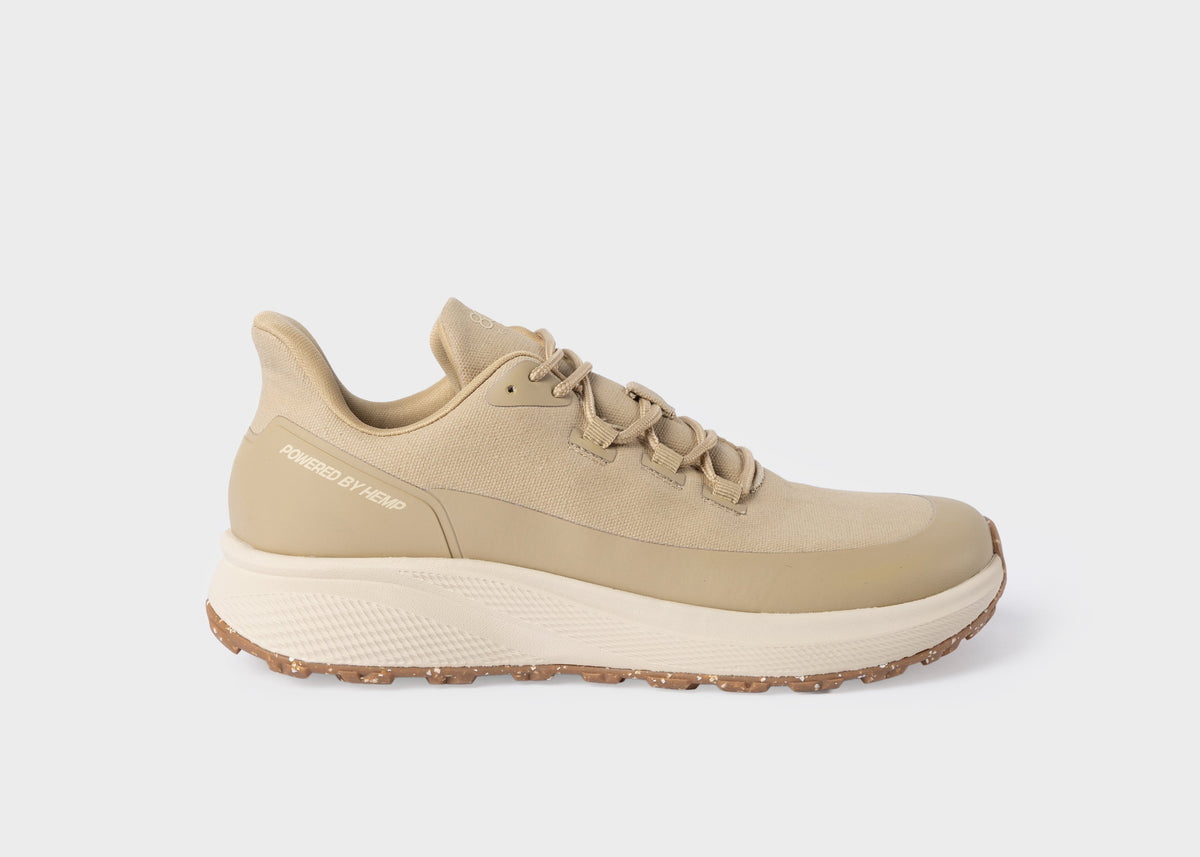Trekker vegane Hanf-Wanderschuhe für Damen mit breiter Zehenbox in Beige – Seitenansicht
