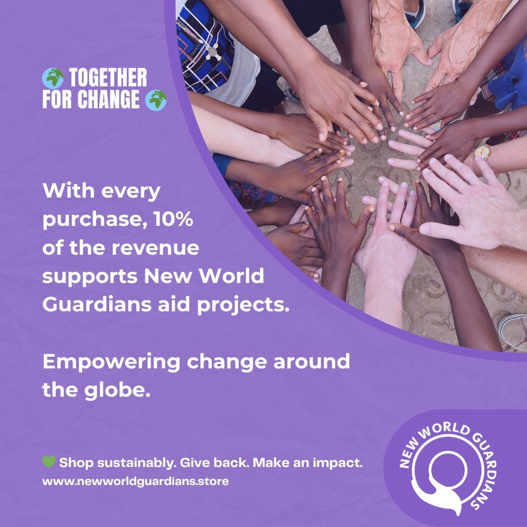 Graphic stating that 10% of every purchase supports global aid projects by New World Guardians – vegan ethical fashion with social impact.