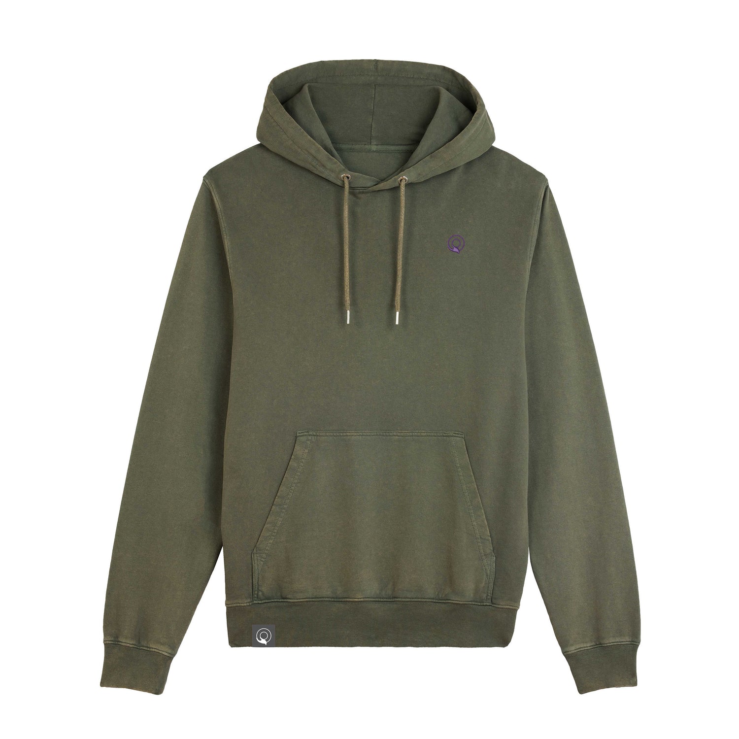 Khaki green sustainable hoodie with lined hood, ribbed cuffs, and distinctive vintage style, 5 color options