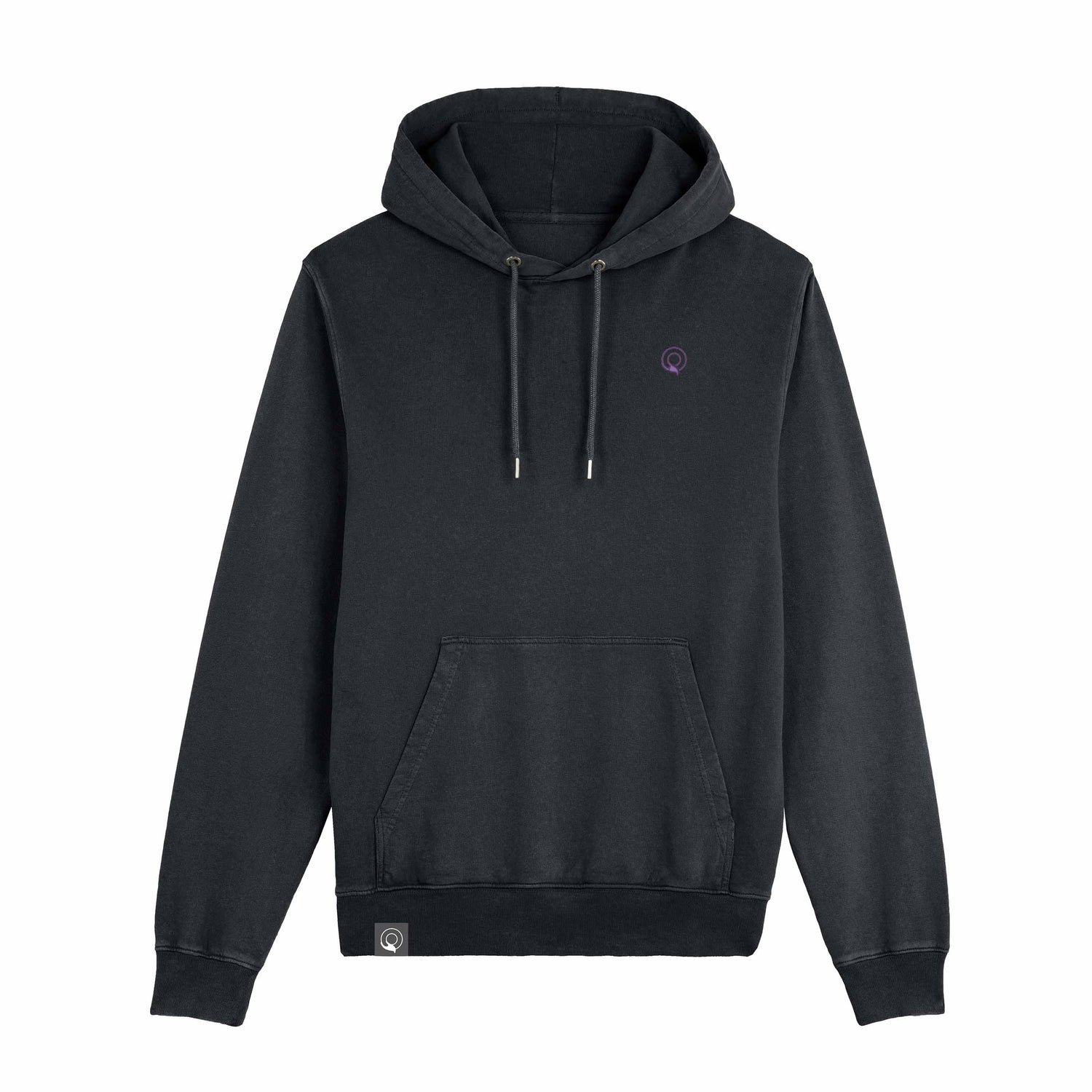 Black vintage hoodie with washed seams and metal cord tips, sustainable organic cotton, 5 colors available