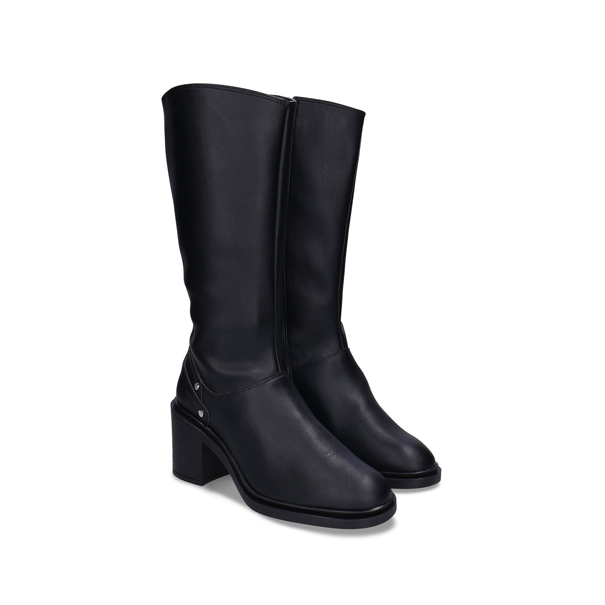 BETIA Black vegan knee-high heeled boot side view — sleek black silhouette with block heel and silver stud detail, made in