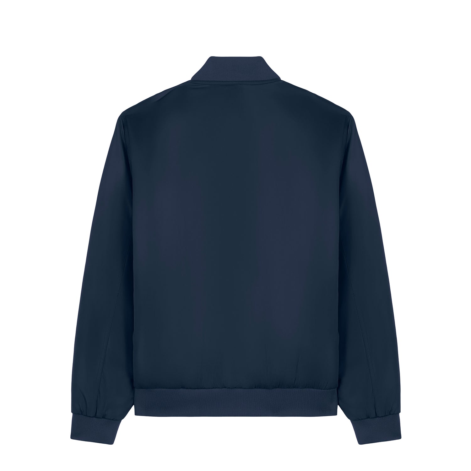 Back view of blue NEW WORLD GUARDIANS GUARDIAN bomber jacket in 100% recycled polyester, vegan unisex outerwear, 3 colors options