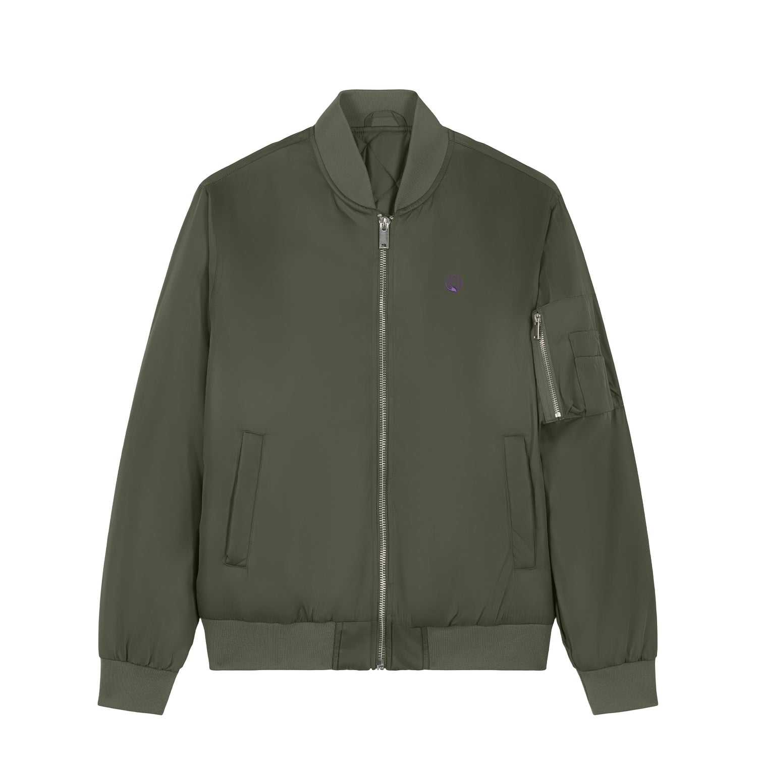Green recycled polyester bomber jacket with ribbed hem, collar, and cuffs, sustainable and timeless unisex outerwear