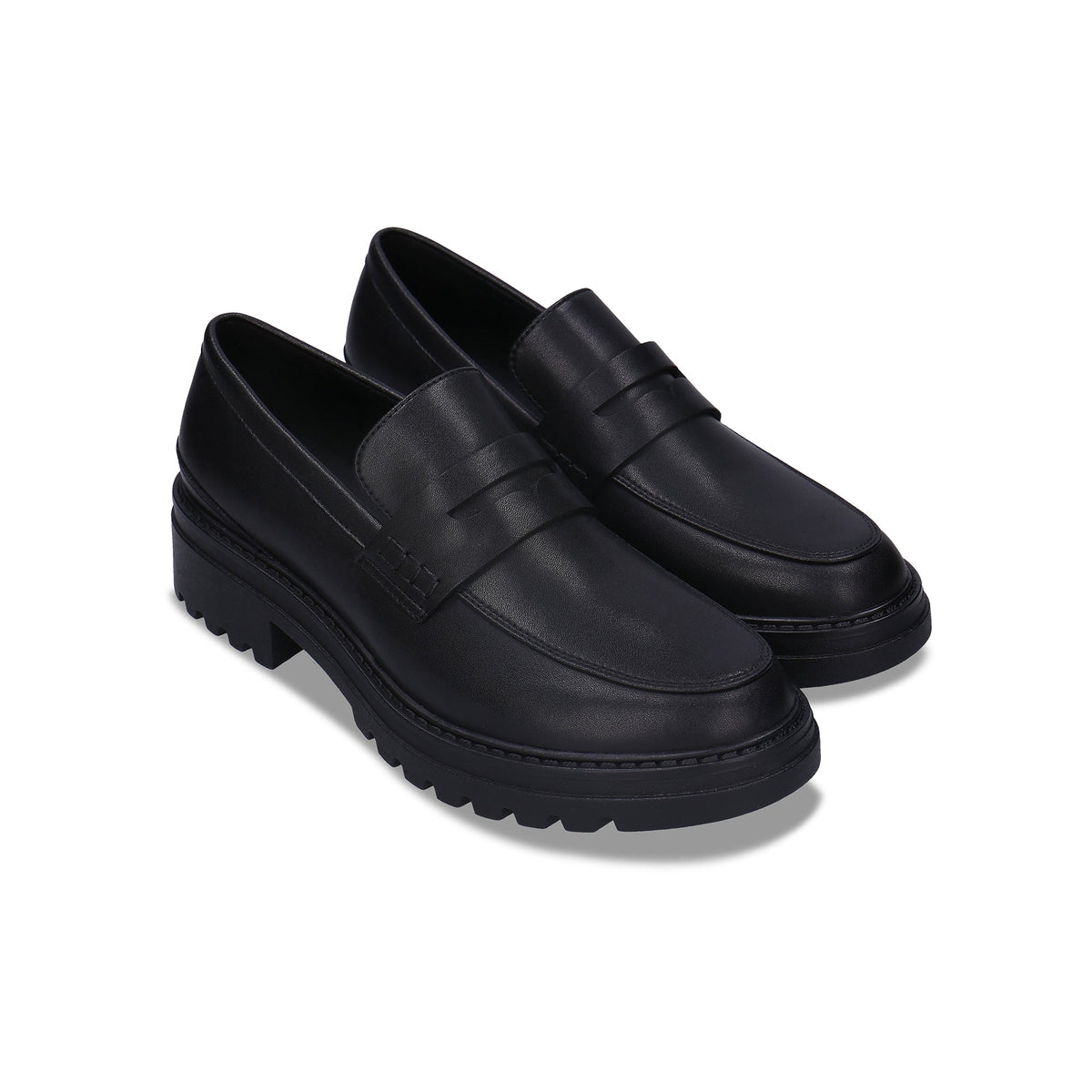BRENDA Schwarzes veganes Penny-Loafer-Paar – veganer Damen-Loafer ganz in Schwarz mit klobiger Profilsohle und 3 cm