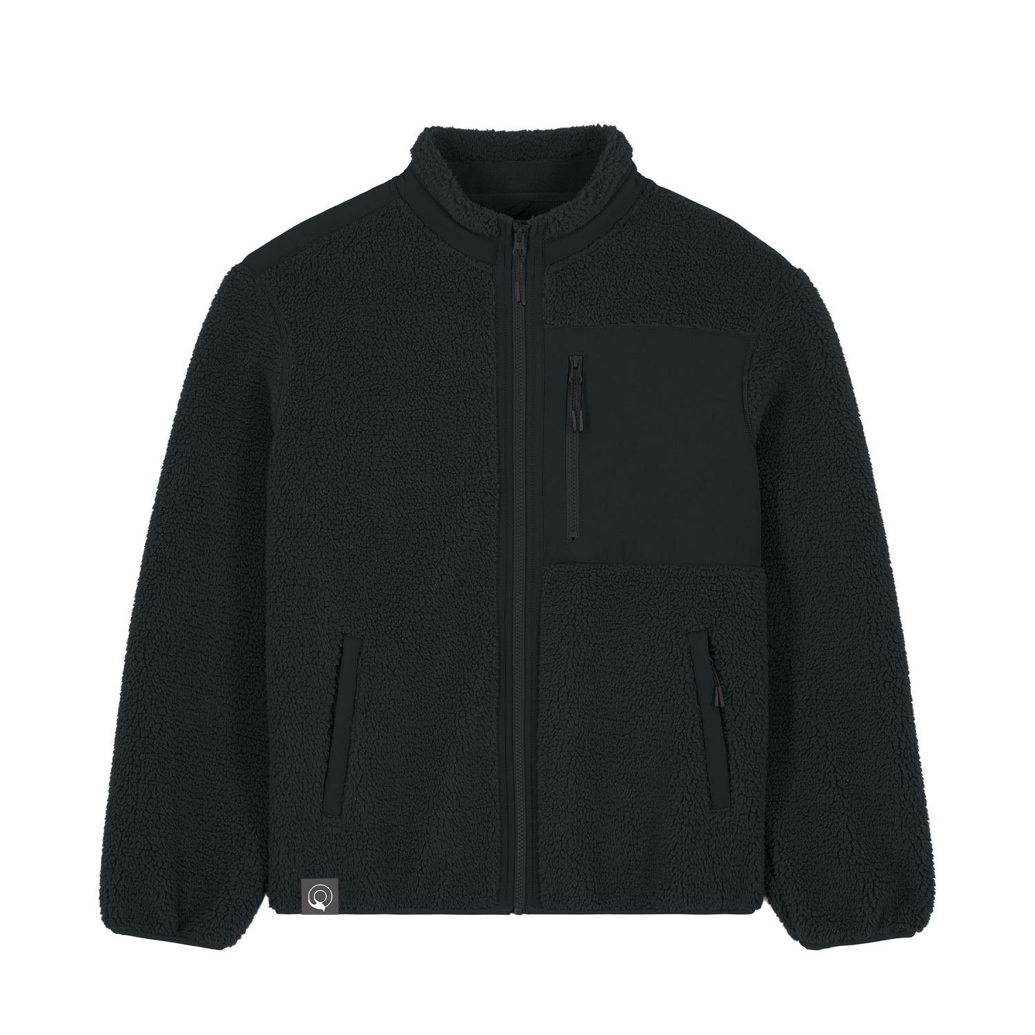 Schwarze kuschelige Unisex Sherpa Jacke aus recyceltem Polyester, warm, langlebig und bewusst nachhaltig