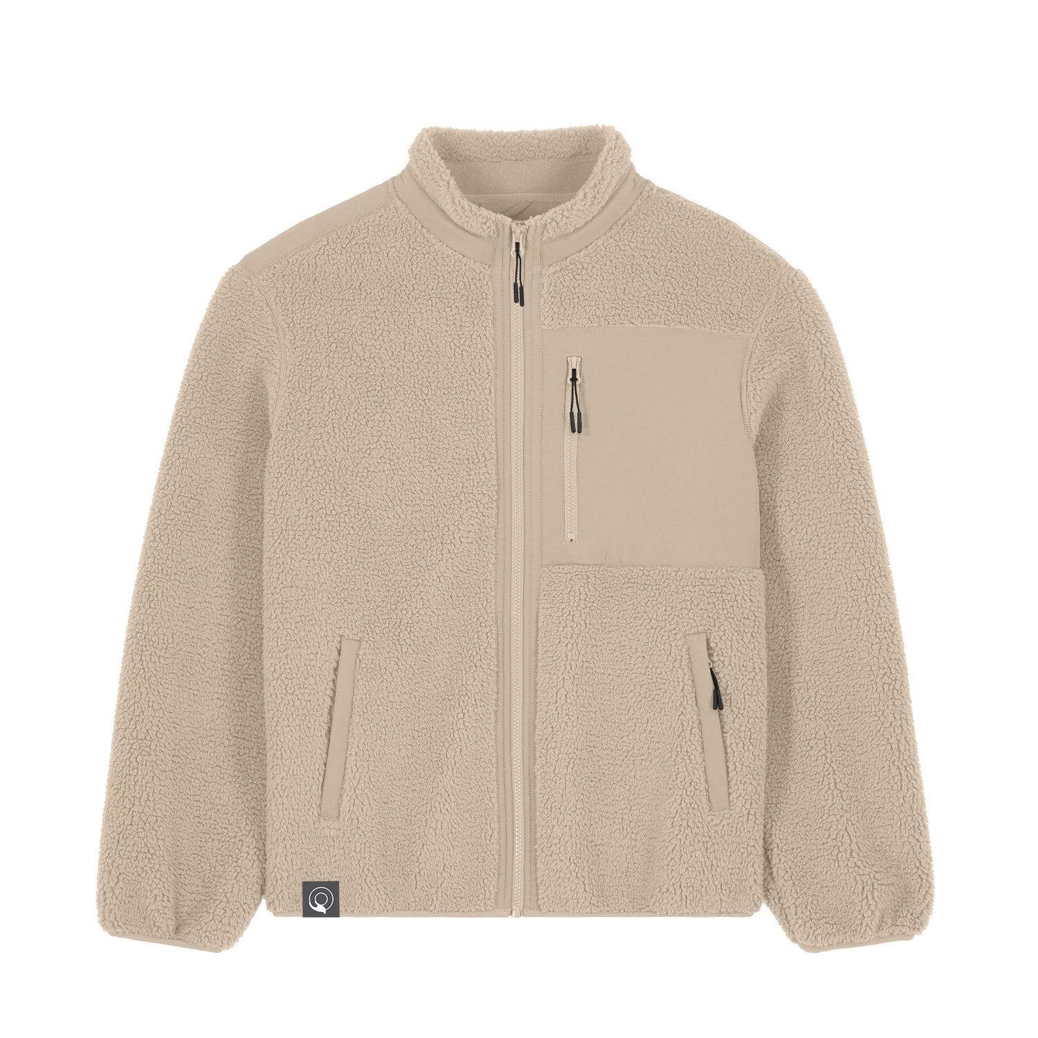 Beige ethical unisex sherpa jacket with zippered side pockets and elastic cuffs, sustainable winter outerwear