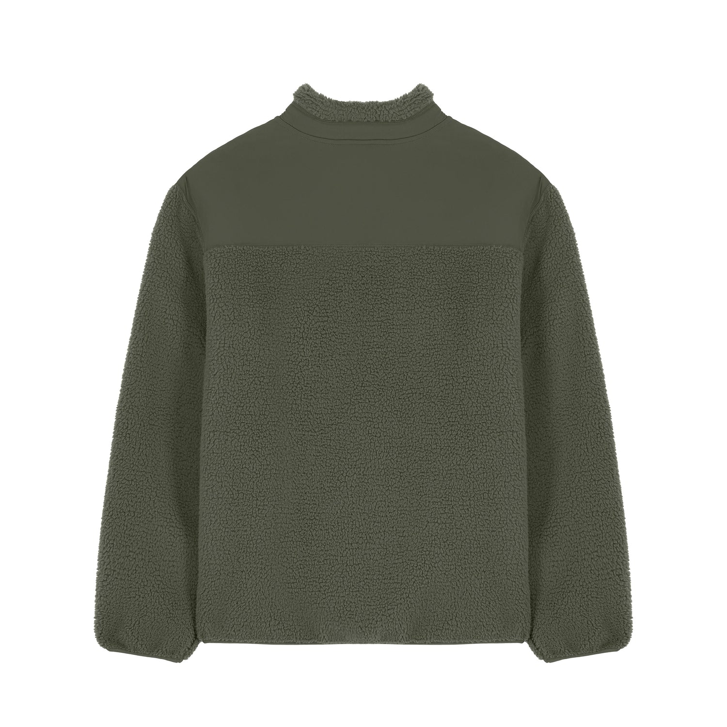 Back view of vegan and cruelty-free sherpa jacket made from recycled polyester, eco-conscious unisex fashion in 3 color options