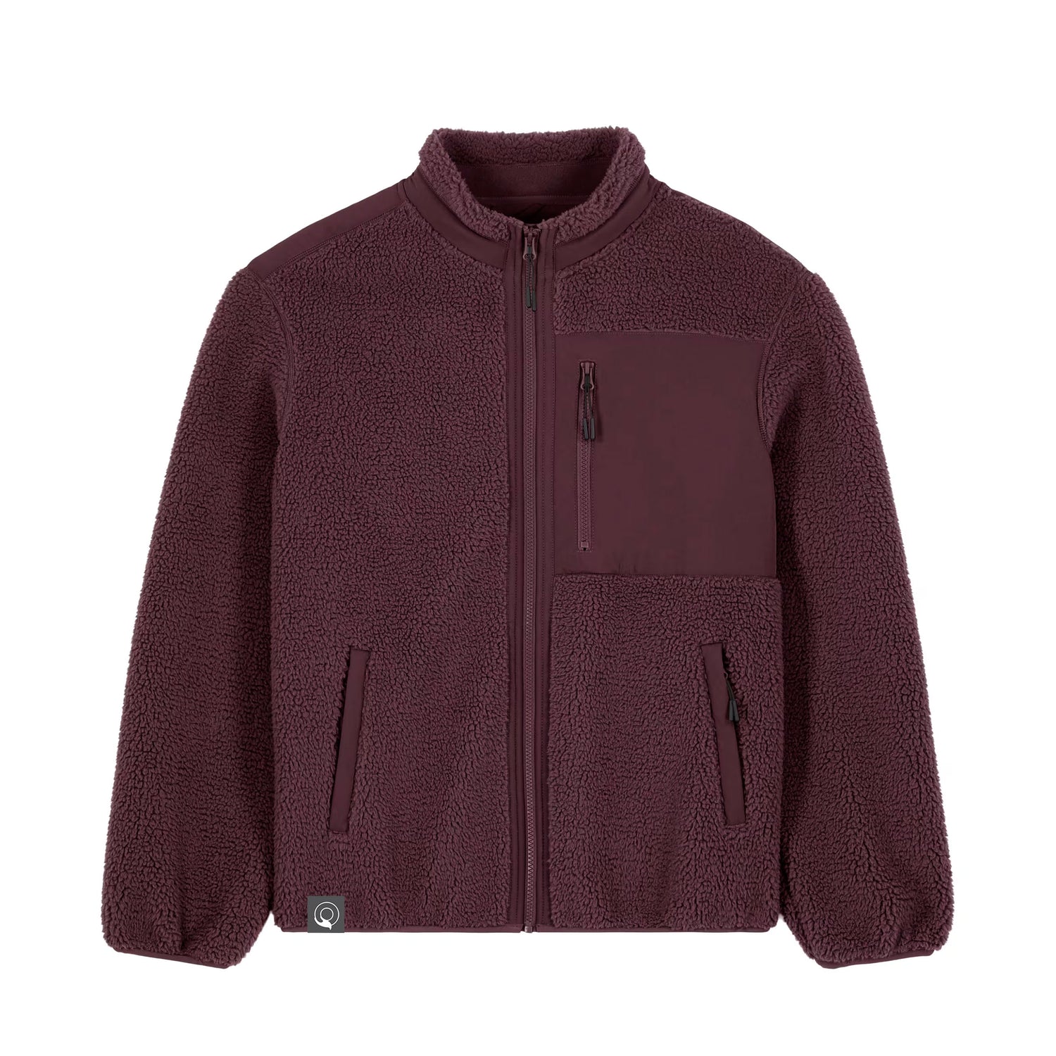 Red Brown vegan fleece jacket with zippers on a white background