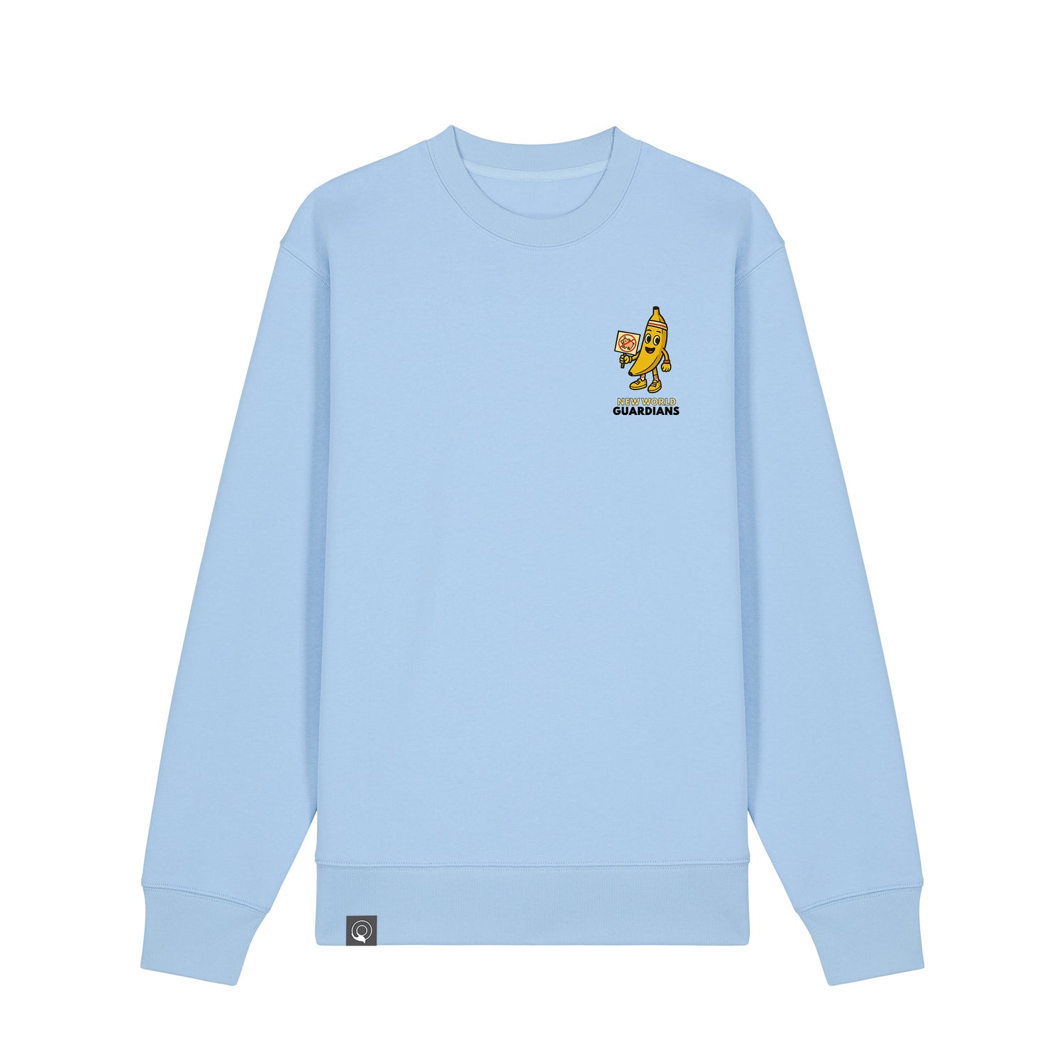 Blue Soul NEW WORLD GUARDIANS unisex vegan sweater featuring Bany the banana in a comic-style front print and the full Roots for Our Future veggie squad with “Eat Us Not Them” slogan on the back. Made from 100% organic cotton. Joyful vegan fashion and sustainable streetwear with bold design.
