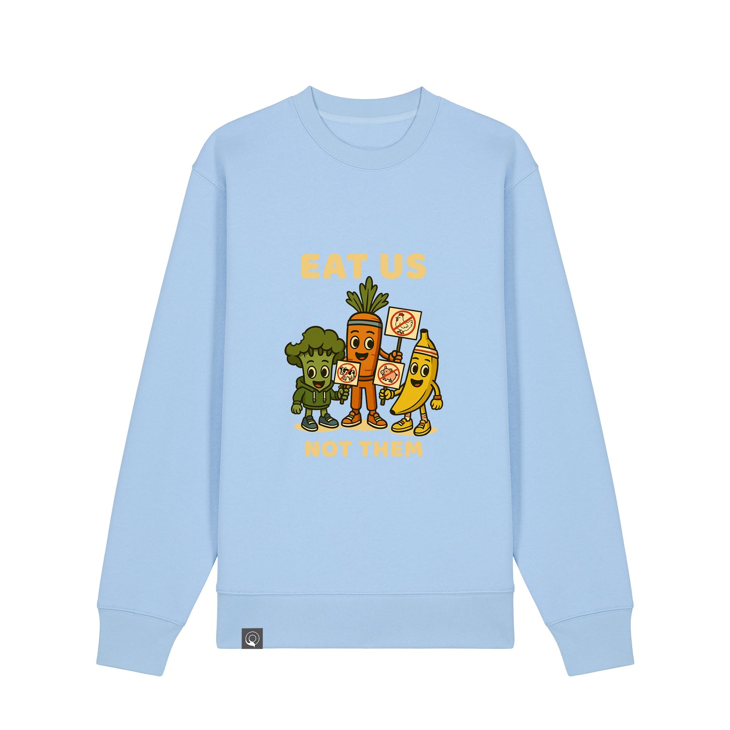 Front view of Blue Soul NEW WORLD GUARDIANS unisex vegan sweater featuring the full Roots for Our Future veggie squad in a bold comic-style front print with “Eat Us Not Them” slogan. Made from 100% organic cotton. Bright vegan fashion and sustainable streetwear with expressive pastel flair.