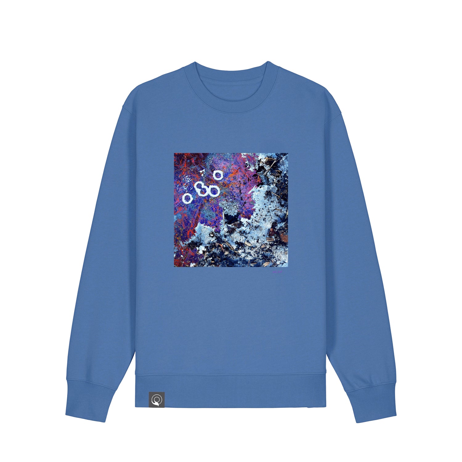 Front view of a bright blue sweater with art print, made from 100% organic cotton – sustainable and ethically made fashion by New World Guardians.