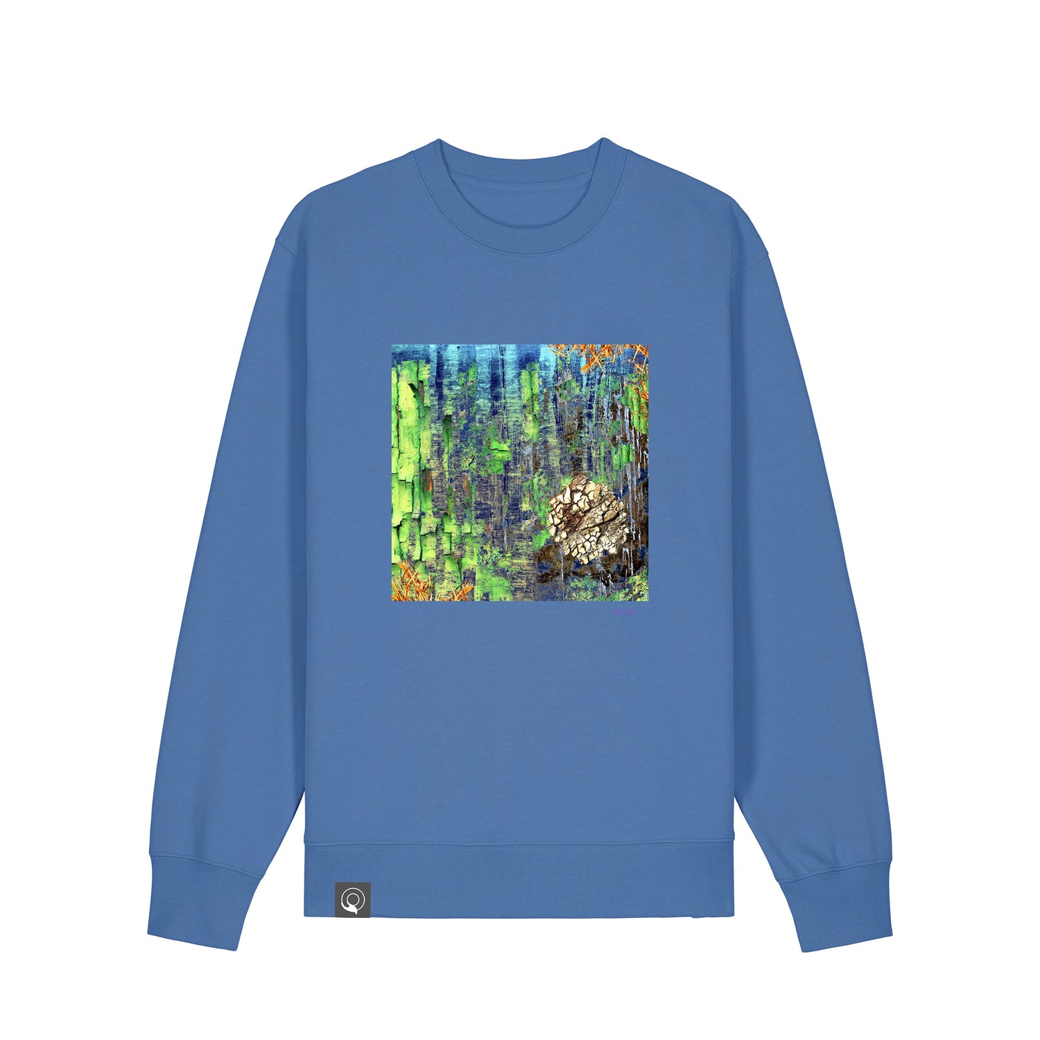 Front view of the bright blue sweatshirt with art print, made from 100% organic cotton – sustainable and ethically made fashion by New World Guardians.