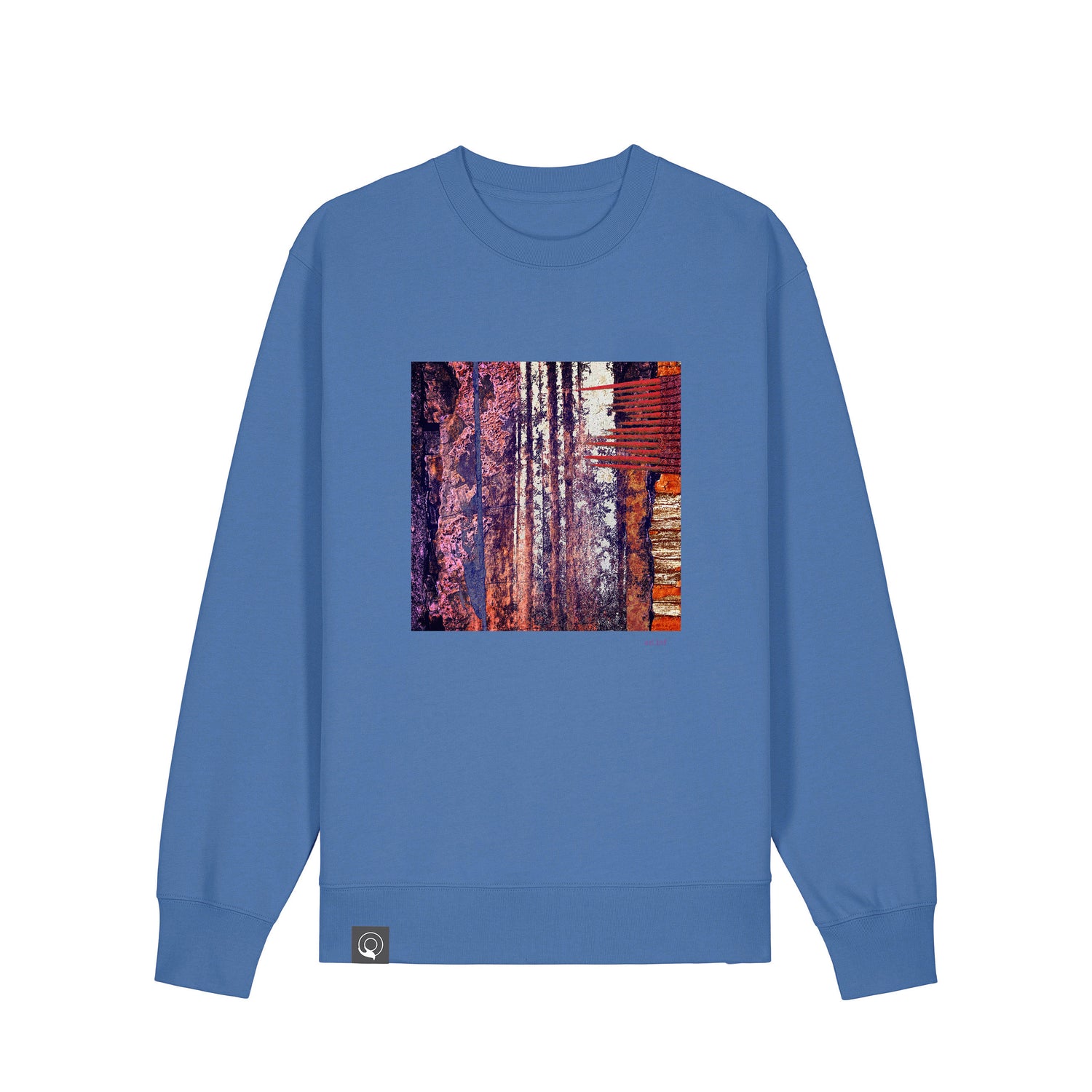 Front view of the bright blue sweatshirt with art print, made from 100% organic cotton – sustainable and ethically made fashion by New World Guardians.