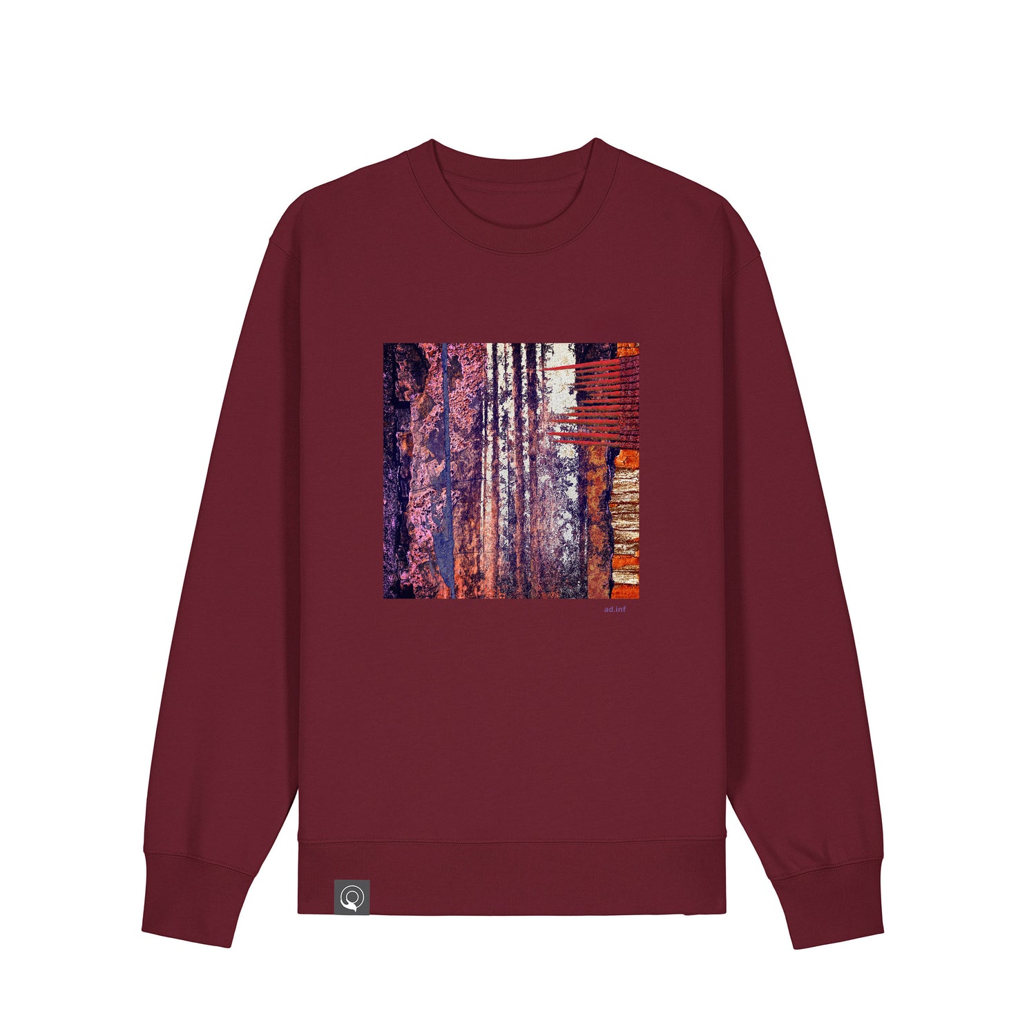 Front view of the burgundy sweatshirt with art print, made from 100% organic cotton – sustainable and ethically made fashion by New World Guardians.