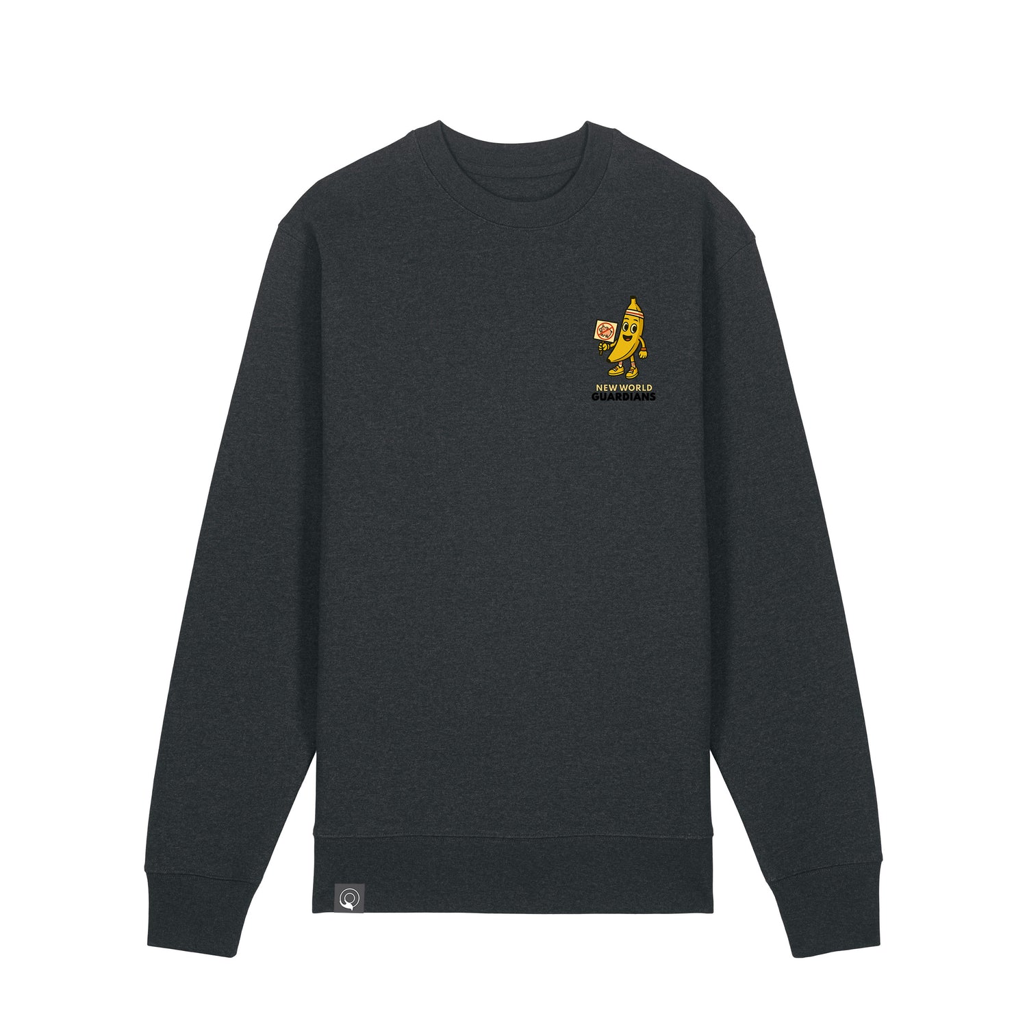 Dark heather grey NEW WORLD GUARDIANS unisex vegan sweater featuring Bany the banana in a comic-style front print and the full Roots for Our Future veggie squad with “Eat Us Not Them” slogan on the back. Made from 100% organic cotton. Fun and ethical vegan fashion blended with sustainable streetwear.