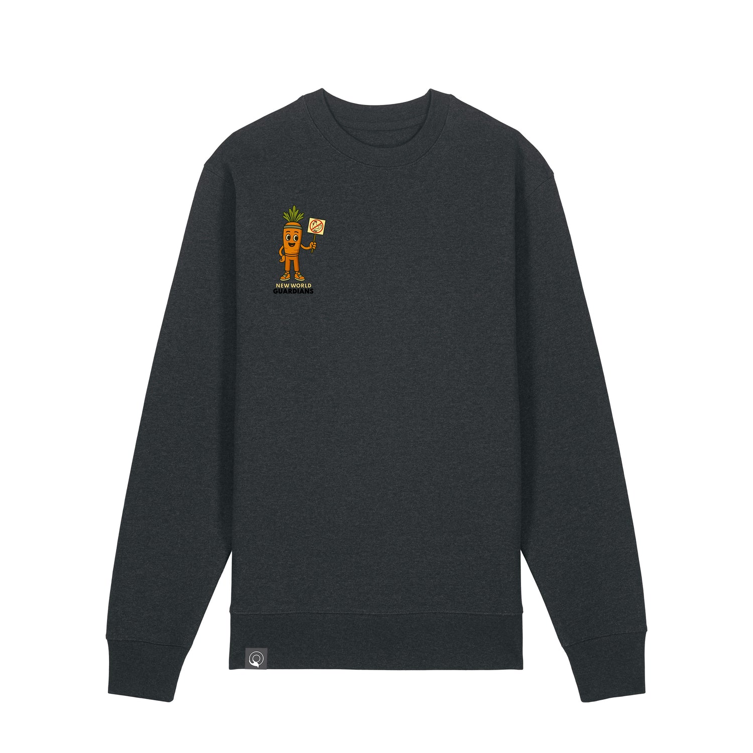 Dark heather grey NEW WORLD GUARDIANS unisex vegan sweater featuring Crunch the carrot in a bold comic-style front print and the full Roots for Our Future veggie squad with “Eat Us Not Them” slogan on the back. Made from 100% organic cotton. Edgy vegan fashion and sustainable streetwear for conscious minds.