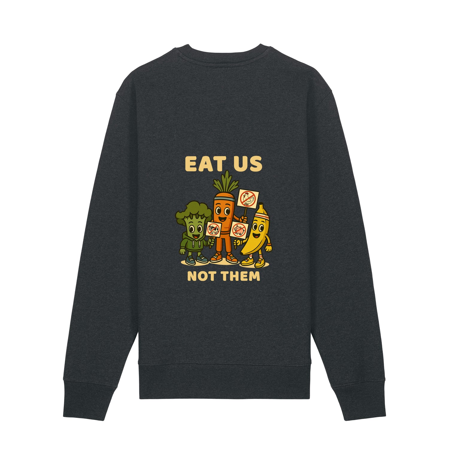 Back view of dark heather grey NEW WORLD GUARDIANS unisex vegan sweater featuring the full Roots for Our Future veggie squad in a bold comic-style back print with “Eat Us Not Them” slogan. Made from 100% organic cotton. Powerful vegan fashion and sustainable streetwear with a message.