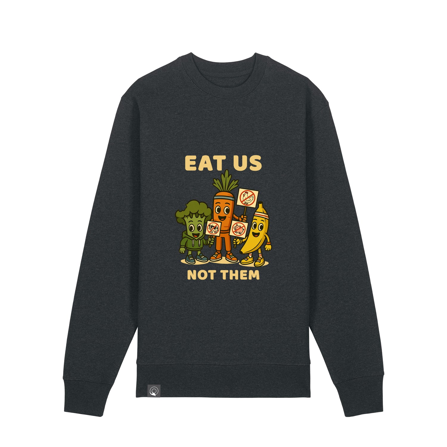 Front view of dark heather grey NEW WORLD GUARDIANS unisex vegan sweater featuring the full Roots for Our Future veggie squad in a bold comic-style front print with “Eat Us Not Them” slogan. Made from 100% organic cotton. Edgy vegan fashion and sustainable streetwear with strong visual impact.