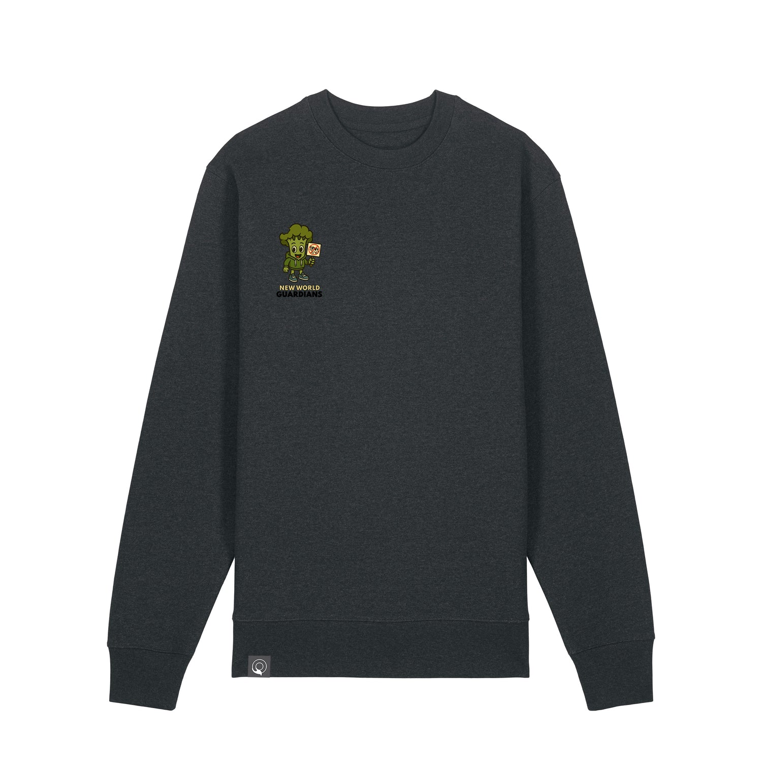 Dark heather grey NEW WORLD GUARDIANS unisex vegan sweater featuring Steamy the broccoli in a comic-style front print and the full Roots for Our Future veggie squad with “Eat Us Not Them” slogan on the back. Made from 100% organic cotton. Edgy vegan fashion and sustainable streetwear with a comic twist.