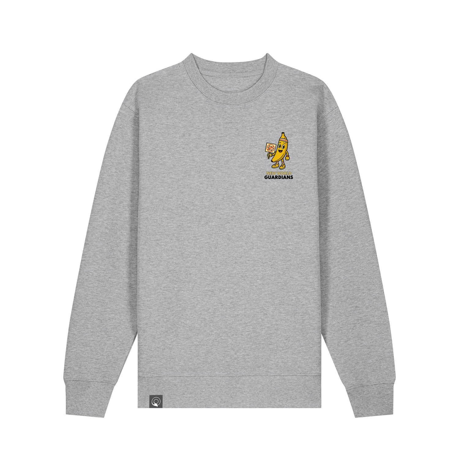 Heather grey NEW WORLD GUARDIANS unisex vegan sweater featuring Bany the banana in a comic-style front print and the full Roots for Our Future veggie squad with “Eat Us Not Them” slogan on the back. Made from 100% organic cotton. Light and conscious vegan fashion meets sustainable streetwear.