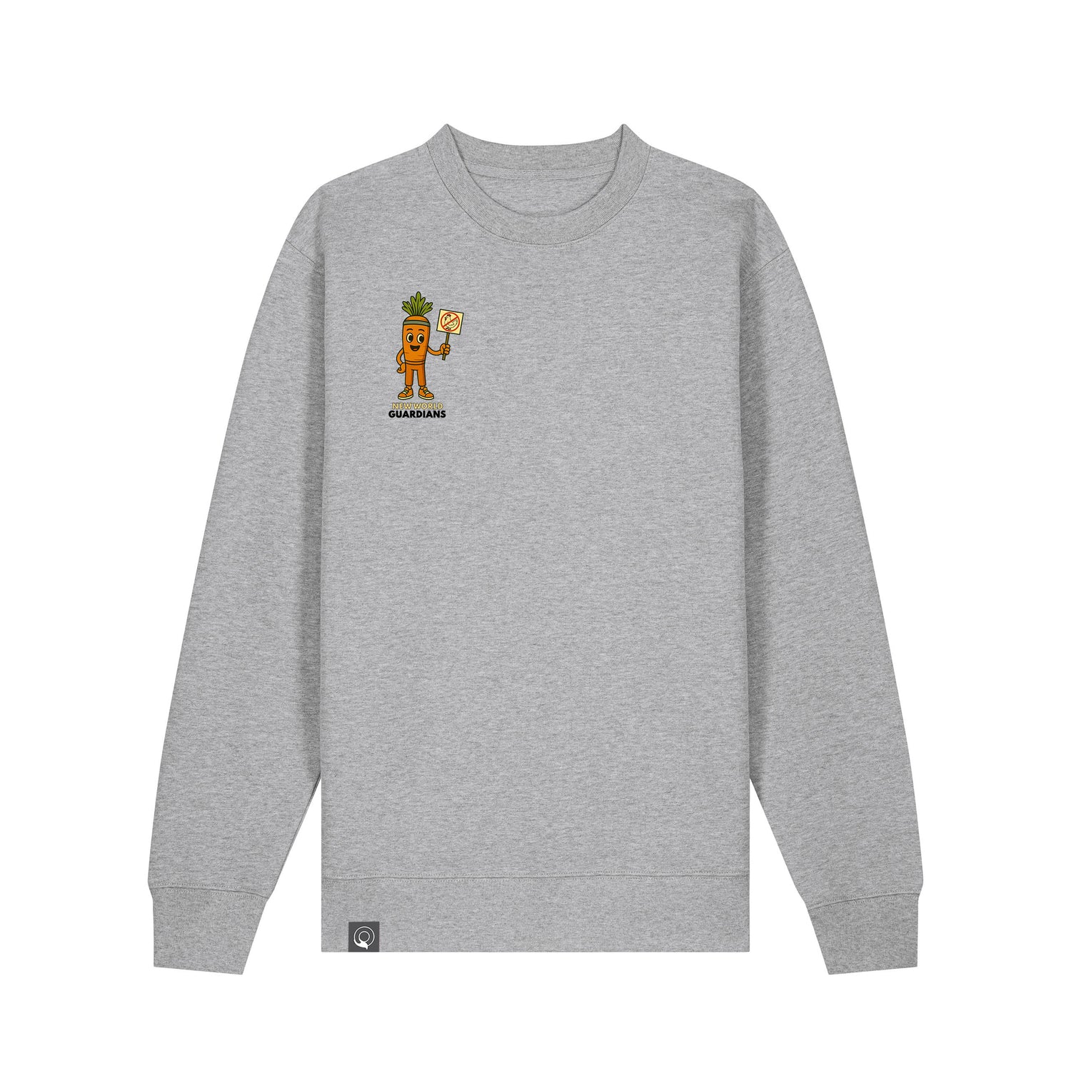 Heather grey NEW WORLD GUARDIANS unisex vegan sweater featuring Crunch the carrot in a comic-style front print and the full Roots for Our Future veggie squad with “Eat Us Not Them” slogan on the back. Made from 100% organic cotton. Minimalist vegan fashion and sustainable streetwear with bold messaging.