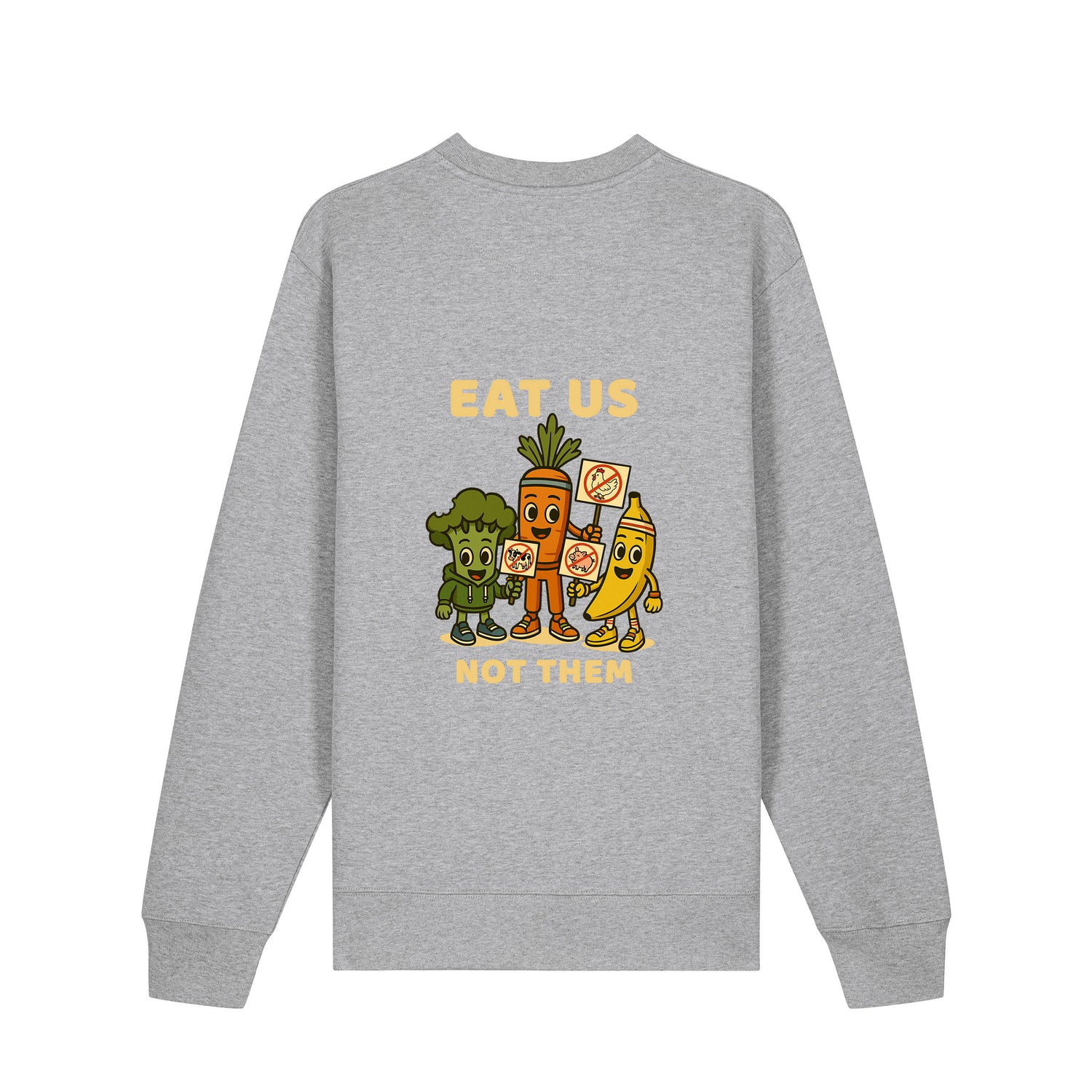 Back view of heather grey NEW WORLD GUARDIANS unisex vegan sweater featuring the full Roots for Our Future veggie squad in a comic-style back print with “Eat Us Not Them” slogan. Made from 100% organic cotton. Minimalist vegan fashion and sustainable streetwear with bold visual impact.
