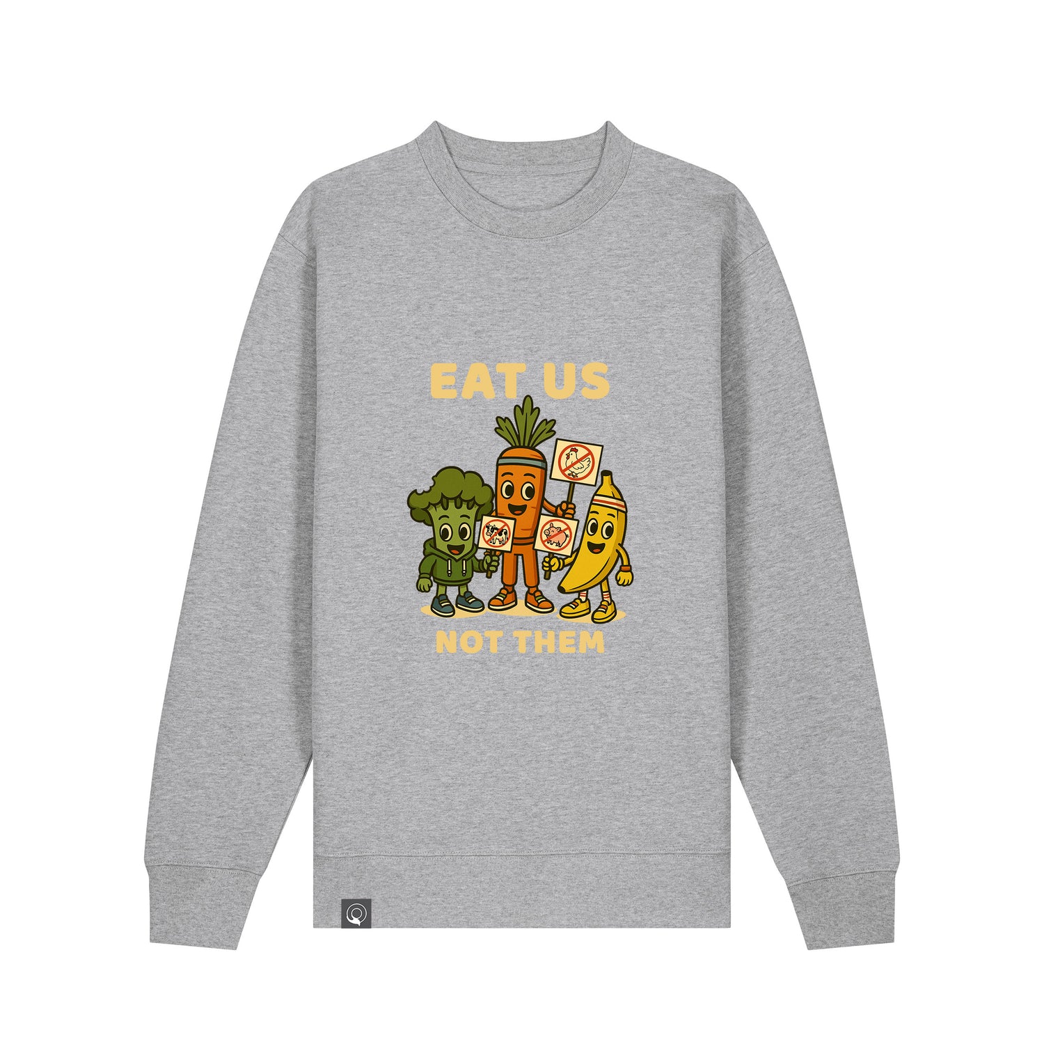 Front view of heather grey NEW WORLD GUARDIANS unisex vegan sweater featuring the full Roots for Our Future veggie squad in a bold comic-style front print with “Eat Us Not Them” slogan. Made from 100% organic cotton. Statement vegan fashion and sustainable streetwear with clean aesthetic.