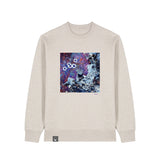Front view of the beige sweater with a blue art print, made from 100% organic cotton – sustainable and ethically made fashion by New World Guardians.