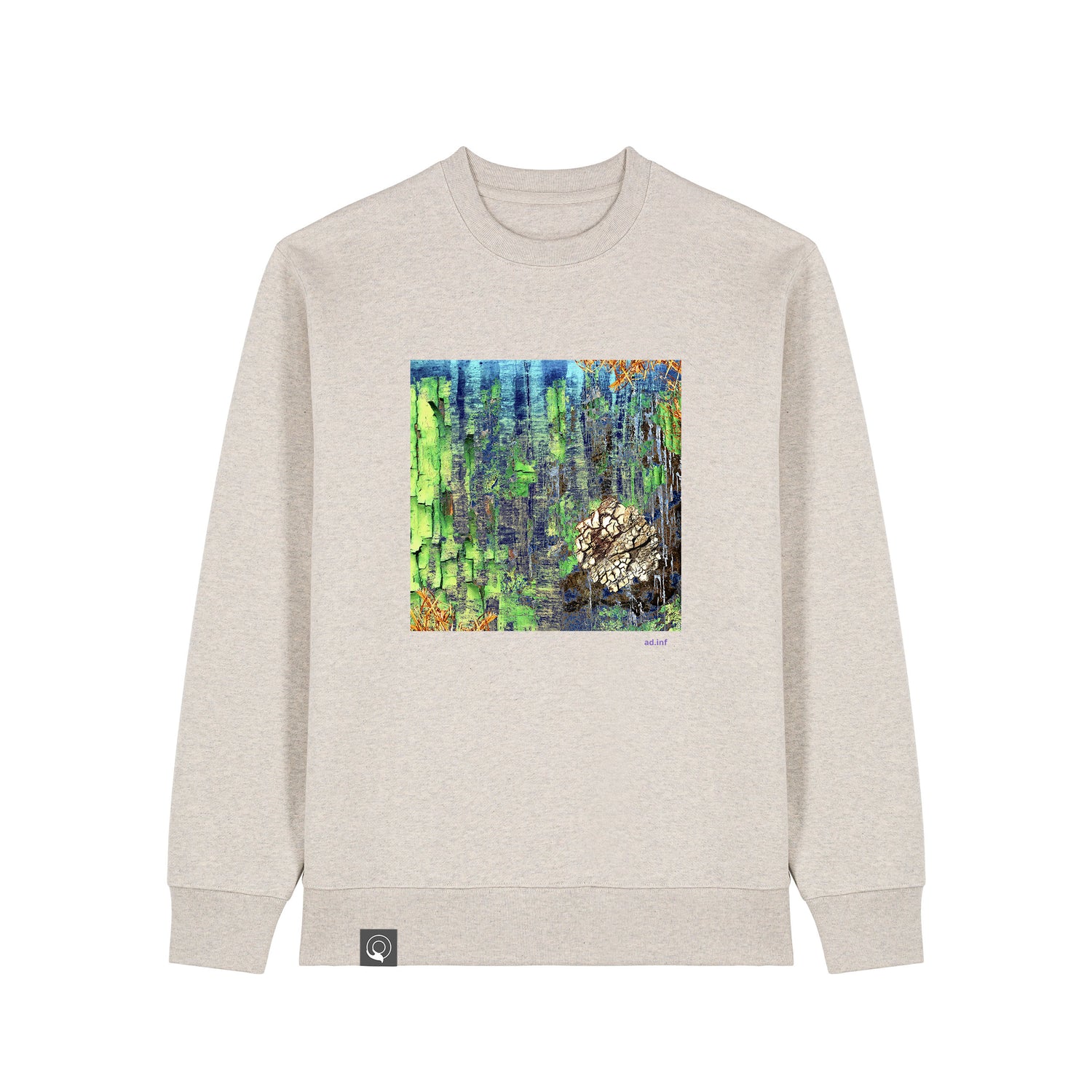 Front view of the beige sweater with art print, made from 100% organic cotton – sustainable and ethically made fashion by New World Guardians.
