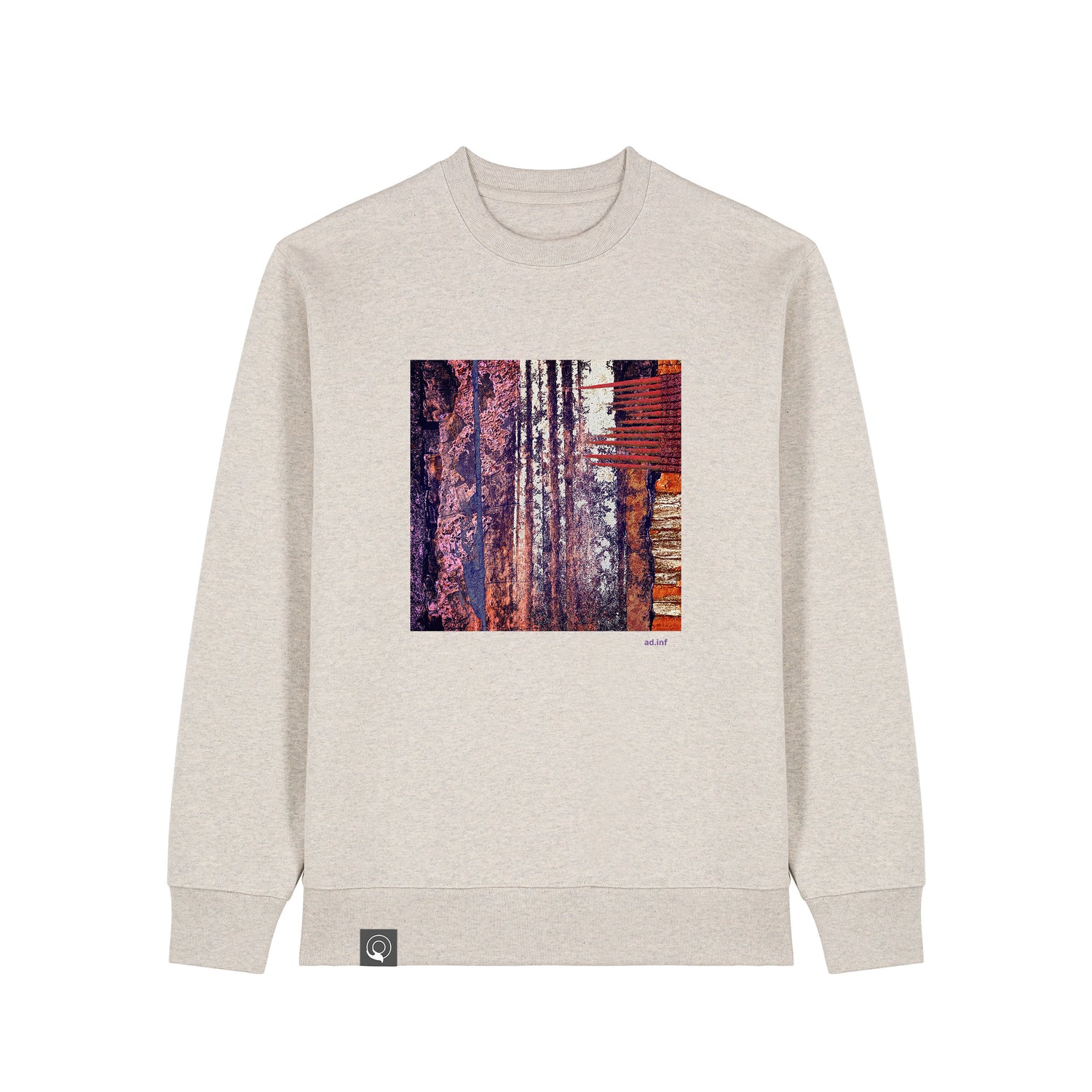 Front view of the eco heather sweatshirt with art print, made from 100% organic cotton – sustainable and ethically made fashion by New World Guardians.