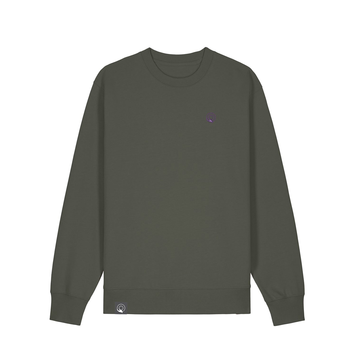 Khaki GOTS-certified organic cotton sweater with premium stitching and ribbed finishes, sustainable unisex wear