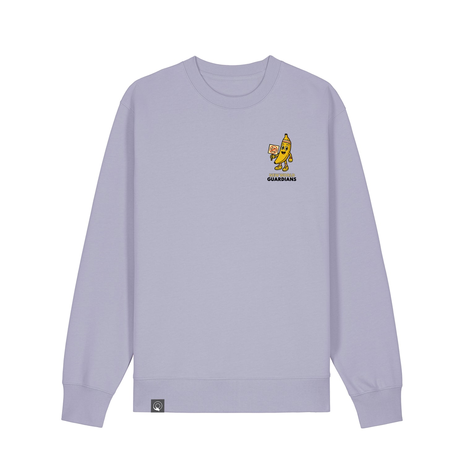 Lavender NEW WORLD GUARDIANS unisex vegan sweater featuring Bany the banana in a comic-style front print and the full Roots for Our Future veggie squad with “Eat Us Not Them” slogan on the back. Made from 100% organic cotton. Vibrant vegan fashion and sustainable streetwear with playful purpose.