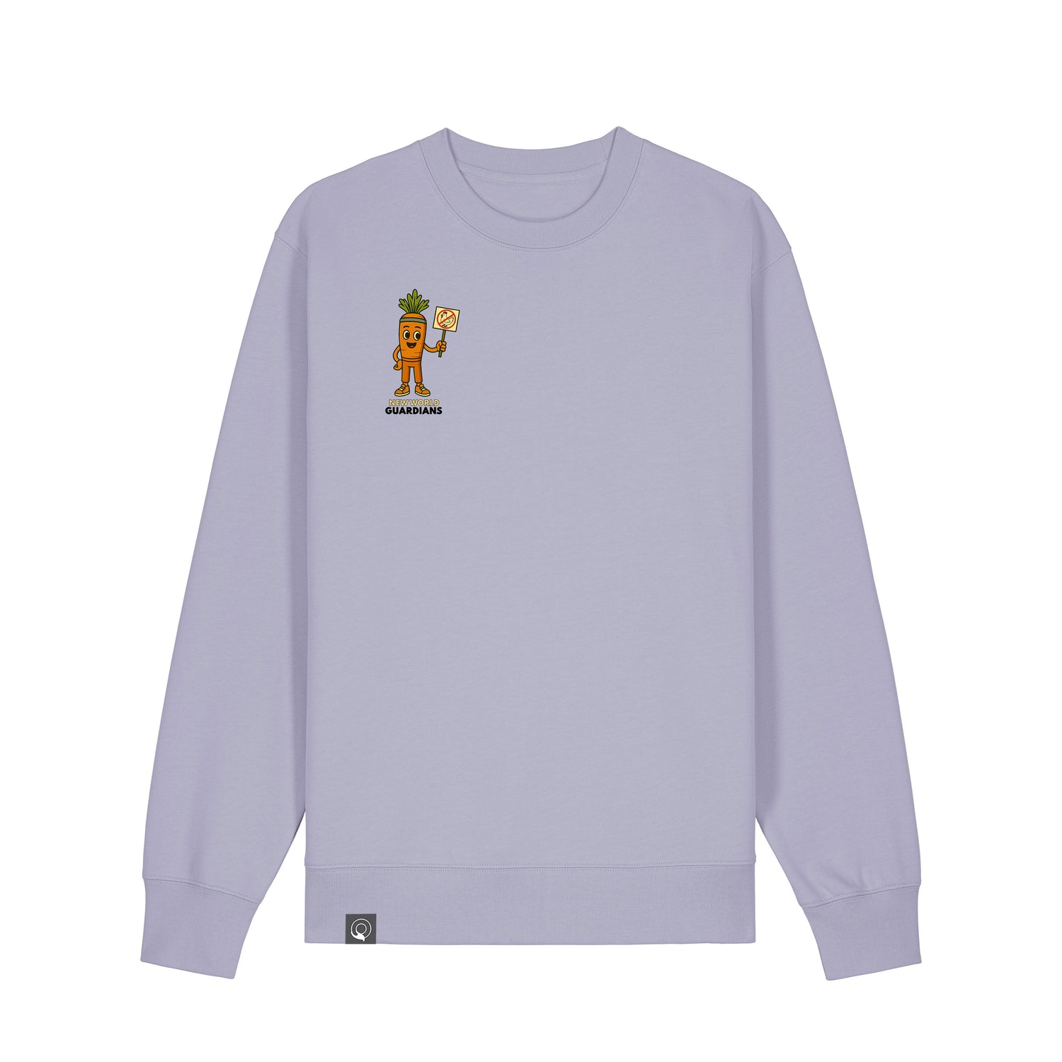 Lavender NEW WORLD GUARDIANS unisex vegan sweater featuring Crunch the carrot in a comic-style front print and the full Roots for Our Future veggie squad with “Eat Us Not Them” slogan on the back. Made from 100% organic cotton. Playful vegan fashion and sustainable streetwear in soft pastel tones.