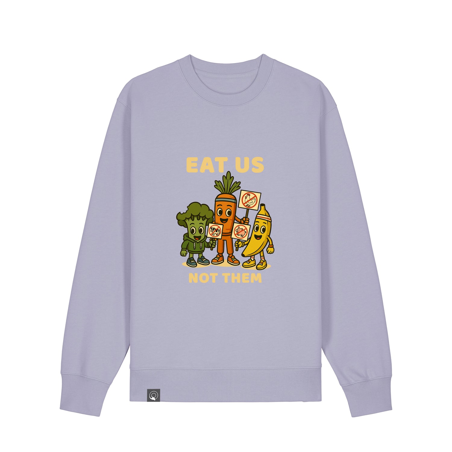 Front view of lavender NEW WORLD GUARDIANS unisex vegan sweater featuring the full Roots for Our Future veggie squad in a comic-style front print with “Eat Us Not Them” slogan. Made from 100% organic cotton. Playful vegan fashion and sustainable streetwear with pastel energy.