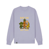 Front view of lavender NEW WORLD GUARDIANS unisex vegan sweater featuring the full Roots for Our Future veggie squad in a comic-style front print with “Eat Us Not Them” slogan. Made from 100% organic cotton. Playful vegan fashion and sustainable streetwear with pastel energy.