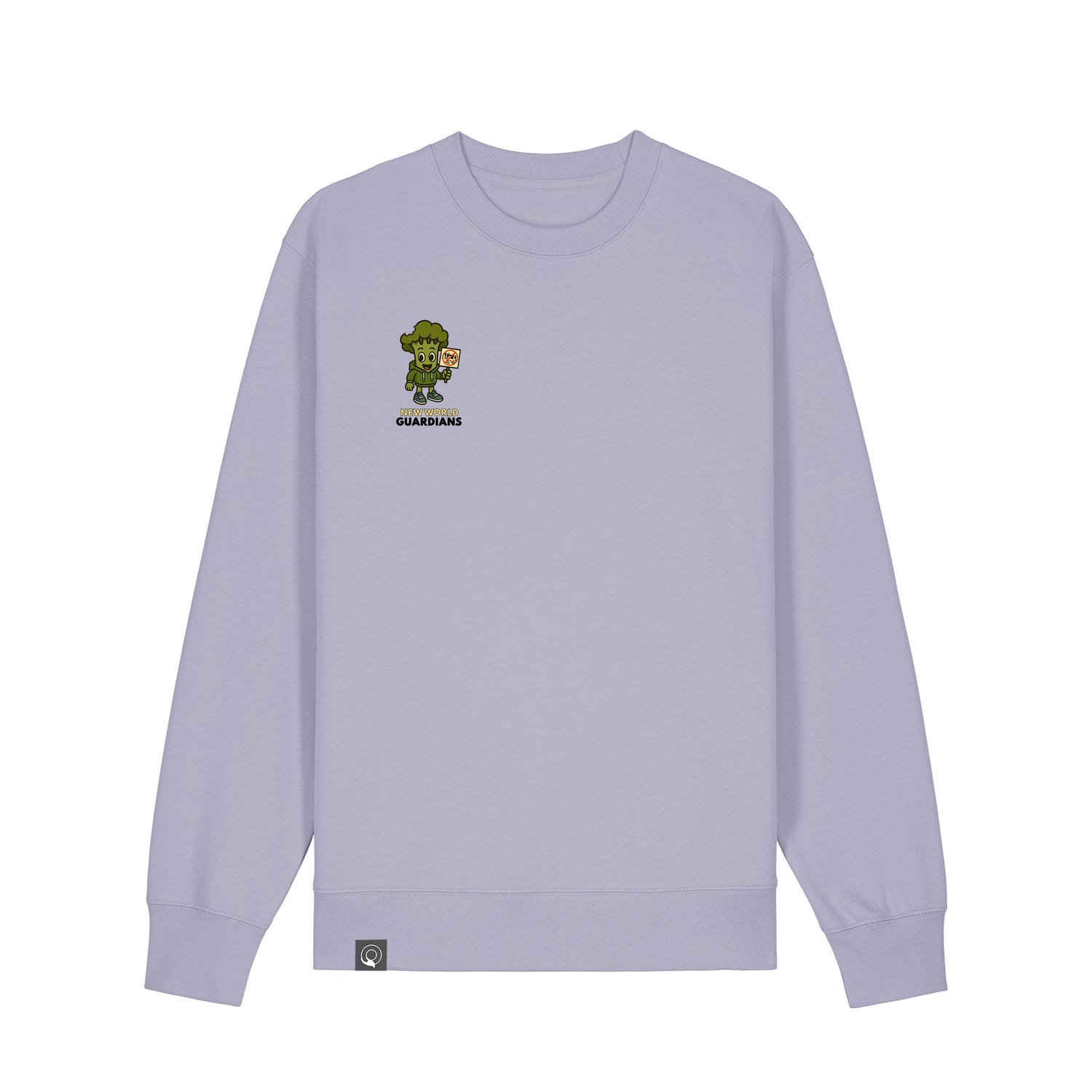 Lavender NEW WORLD GUARDIANS unisex vegan sweater featuring Steamy the broccoli in a comic-style front print and the full Roots for Our Future veggie squad with “Eat Us Not Them” slogan on the back. Made from 100% organic cotton. Playful vegan fashion and sustainable streetwear with impact.