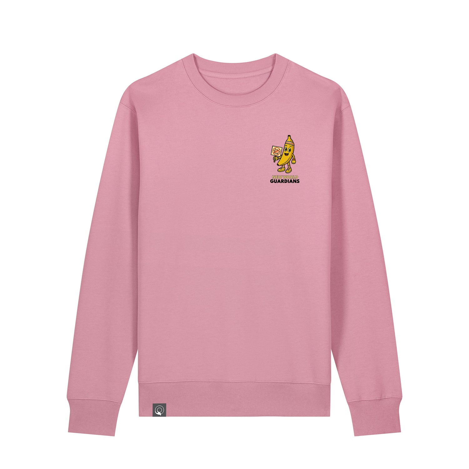 Lilac Dream pink NEW WORLD GUARDIANS unisex vegan sweater featuring Bany the banana in a comic-style front print and the full Roots for Our Future veggie squad with “Eat Us Not Them” slogan on the back. Made from 100% organic cotton. Playful vegan fashion and sustainable streetwear in bold pastel style.