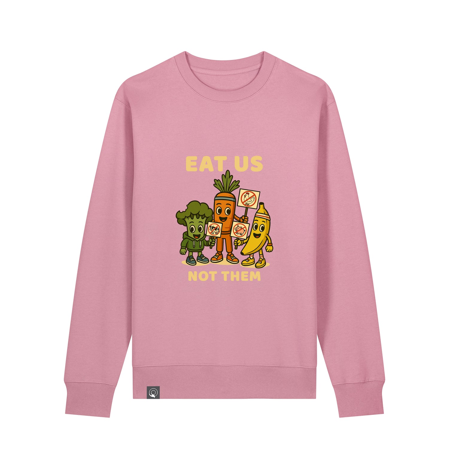 Front view of Lilac Dream pink NEW WORLD GUARDIANS unisex vegan sweater featuring the full Roots for Our Future veggie squad in a comic-style front print with “Eat Us Not Them” slogan. Made from 100% organic cotton. Bold vegan fashion and sustainable streetwear in eye-catching pastel tones.